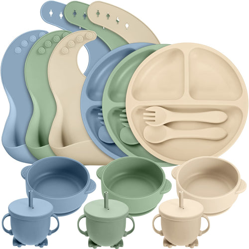 18 Pcs Silicone Baby Feeding Set Infant Dinnerware Adjustable Silicone Toddler Bibs Baby Plates and Bowls Set Suction Bowls Divided Plates Spoons Fork Cups Utensils (Gray Blue Navy Green Beige)